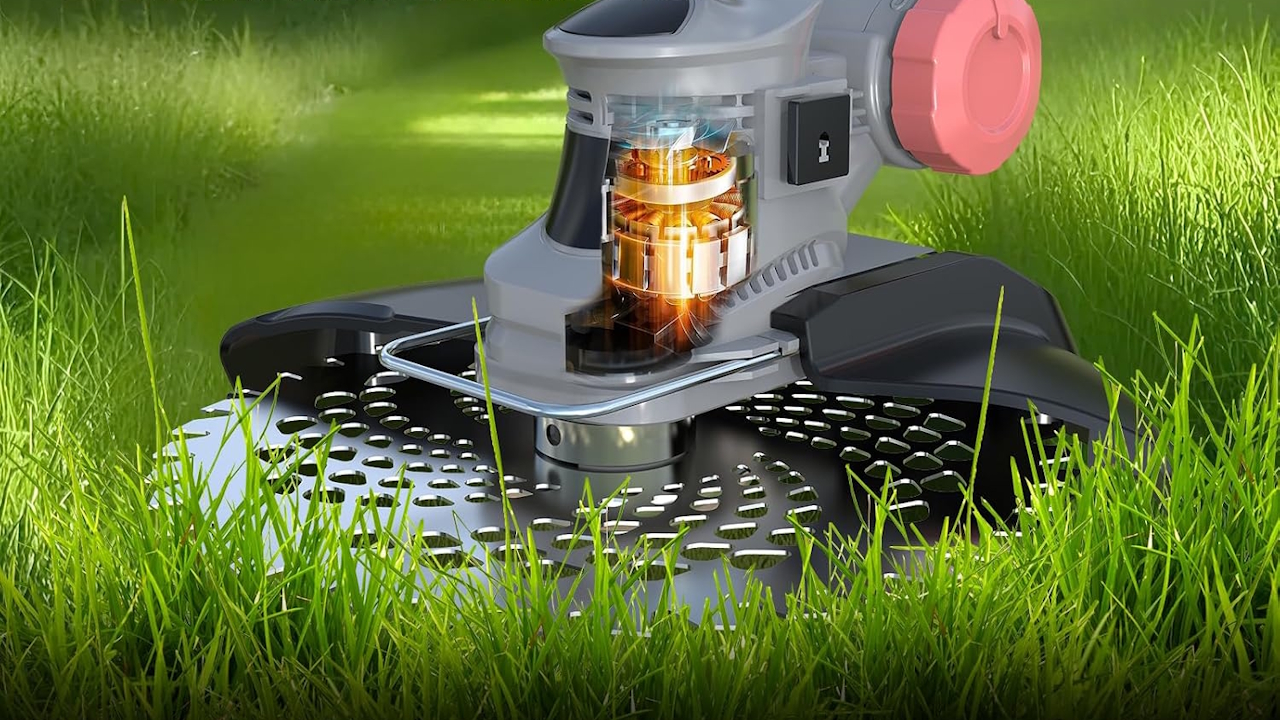 Decespugliatore a batteria a 108: motore brushless da 750W, testa orientabile a 90° e kit lame completo