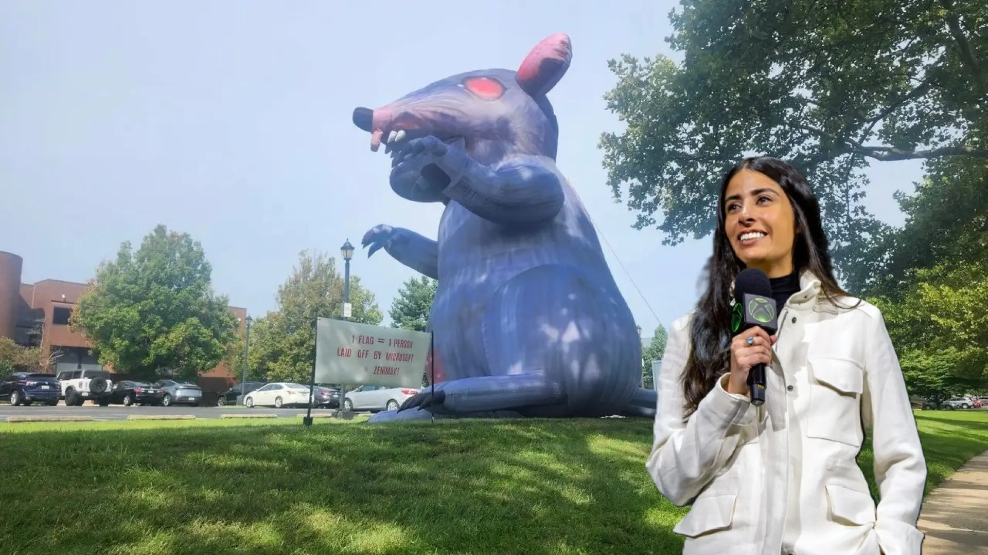 El sindicato CWA recibe a Asha Sharma con la rata gigante Scabby en la sede de Bethesda, como protesta por los despidos masivos en Xbox