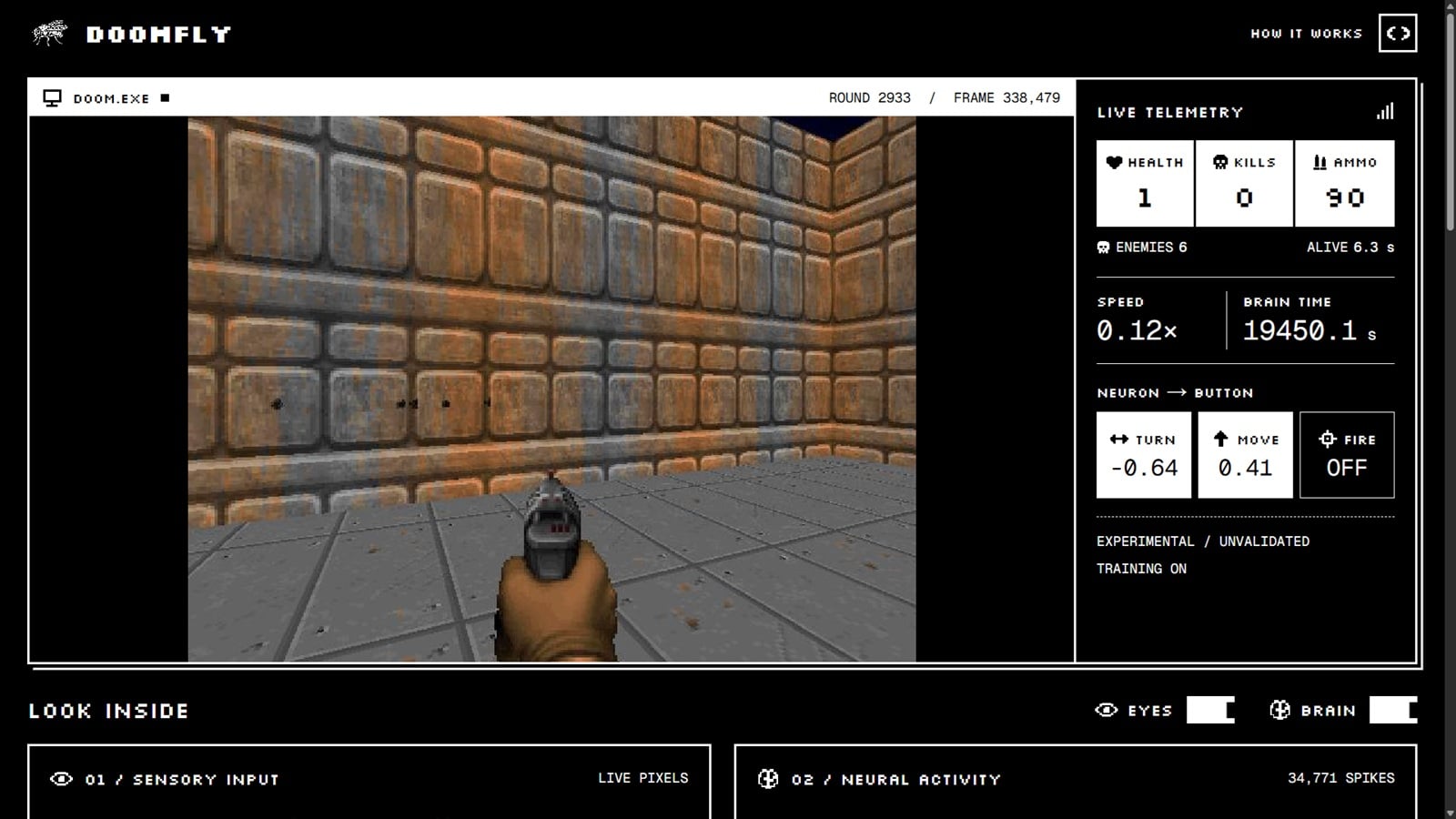 “ハエの脳の配線図“が公開され、すぐさま『DOOM』のプレイに使われる。「被ダメージ」を学習して生き残りを目指す