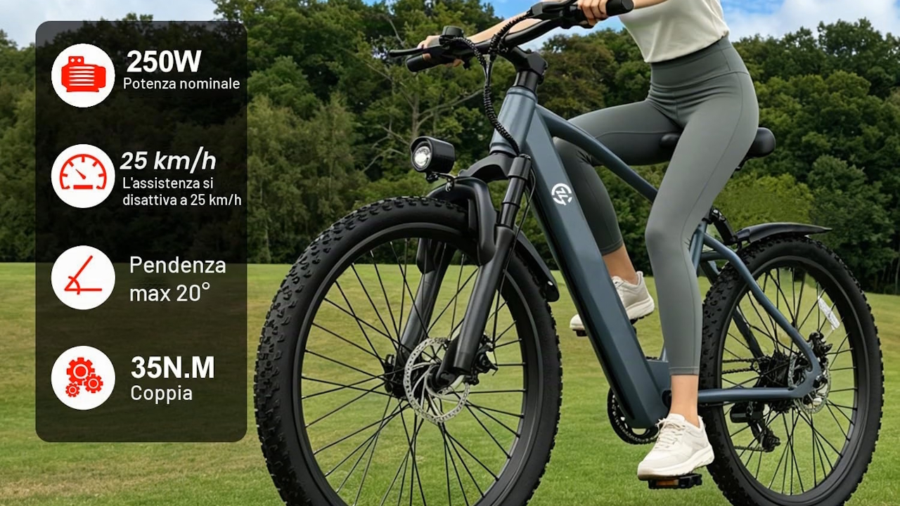 Bicicletta elettrica L26 a 474,05: e-bike con motore 250W, batteria 36V 10,4Ah, forcella ammortizzata e cambio a 7 velocità