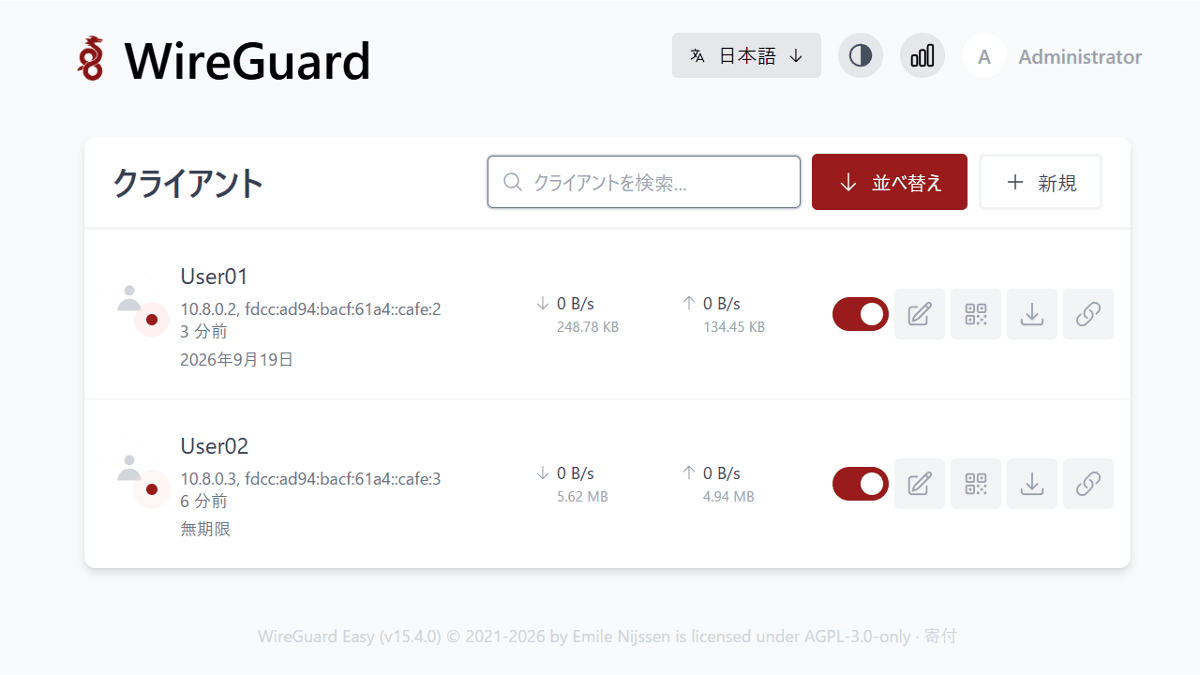 無料でWireGuardを簡単にインストール・管理できる「WireGuard Easy」、クライアントの一覧表示・作成・編集・削除・有効化・無効化・QRコード表示・設定ファイルのダウンロードなどが可能